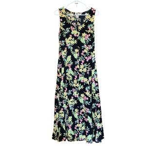 VTG Floral Maxi Dress Tropical Sleeveless Button Front Size 8 Retro Long Resort